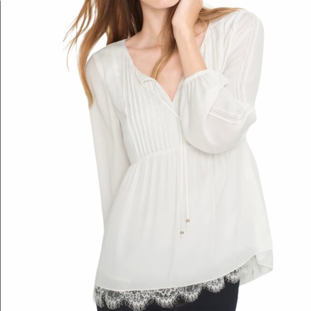 White House Black Market WHBM Lace-Trim Boho Blouse Cream Pintuck Gold Accents 0